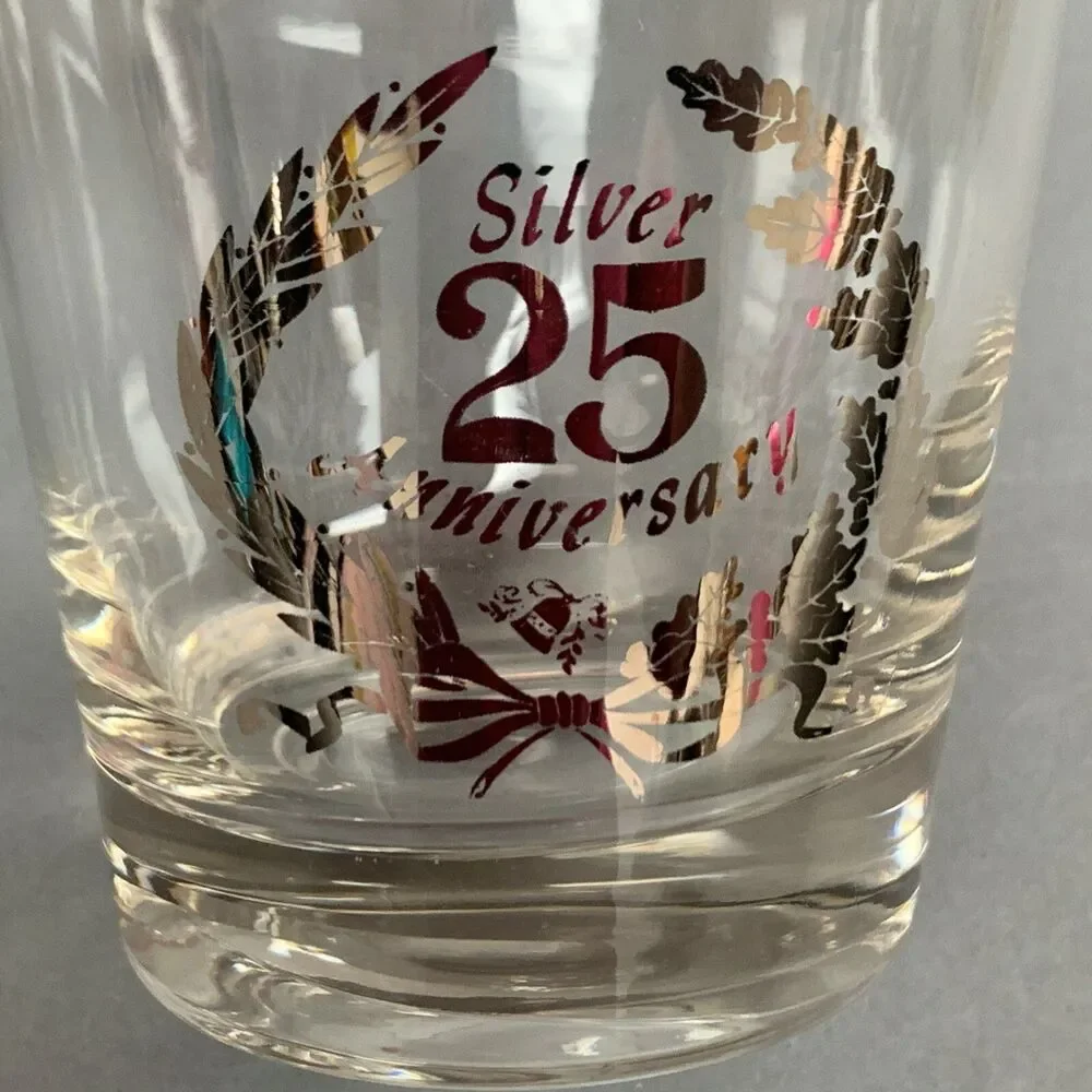 25th Silver Anniversary Old Fashion Clear Glasses Platinum 3 5/8